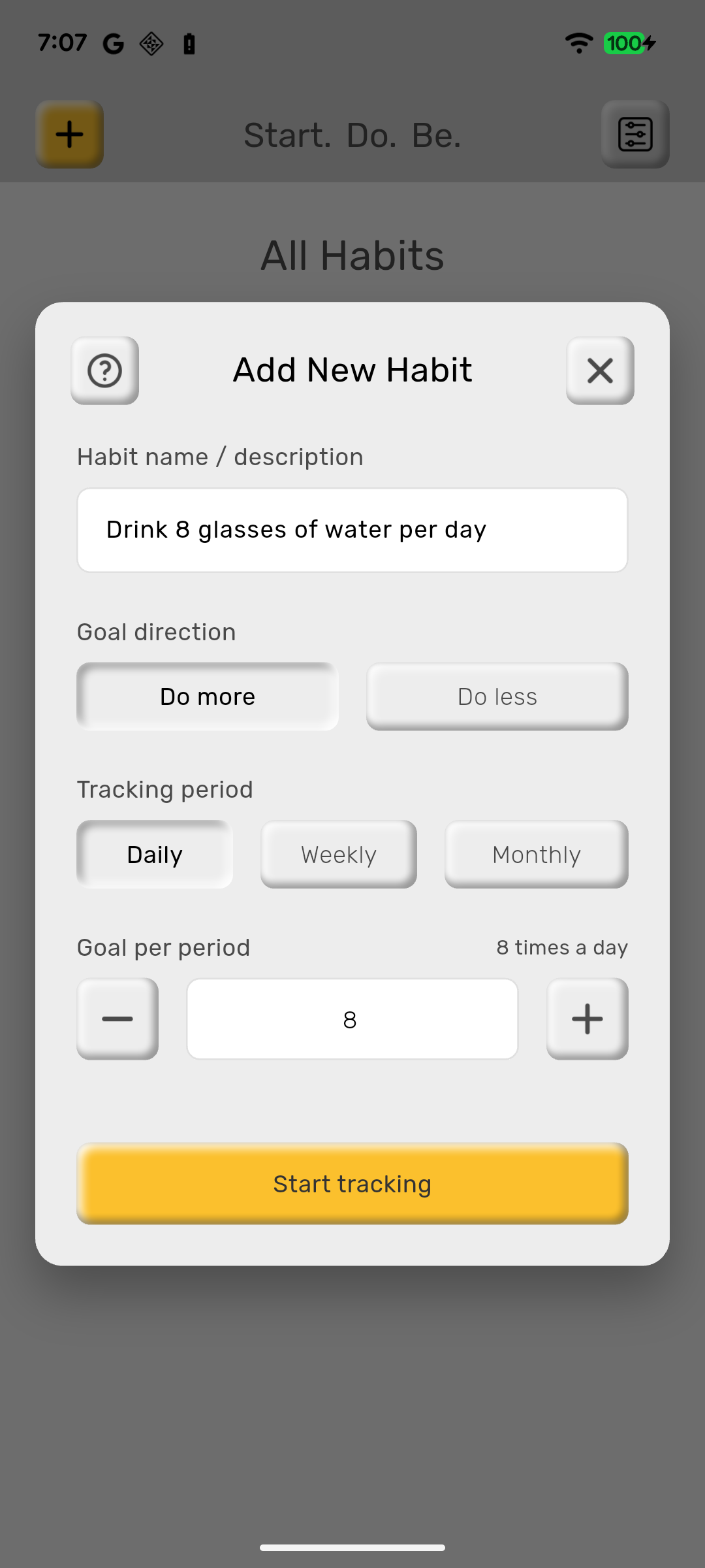 Setting up a new habit: drink 8 glasses of water, tracked daily with a goal of 8 a day.