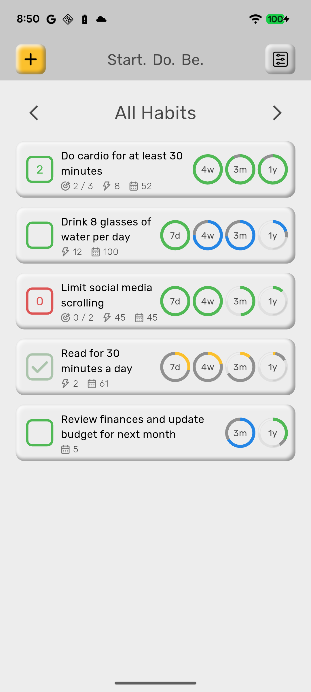 The All Habits list: five habits, each showing its completion rings over four time spans.