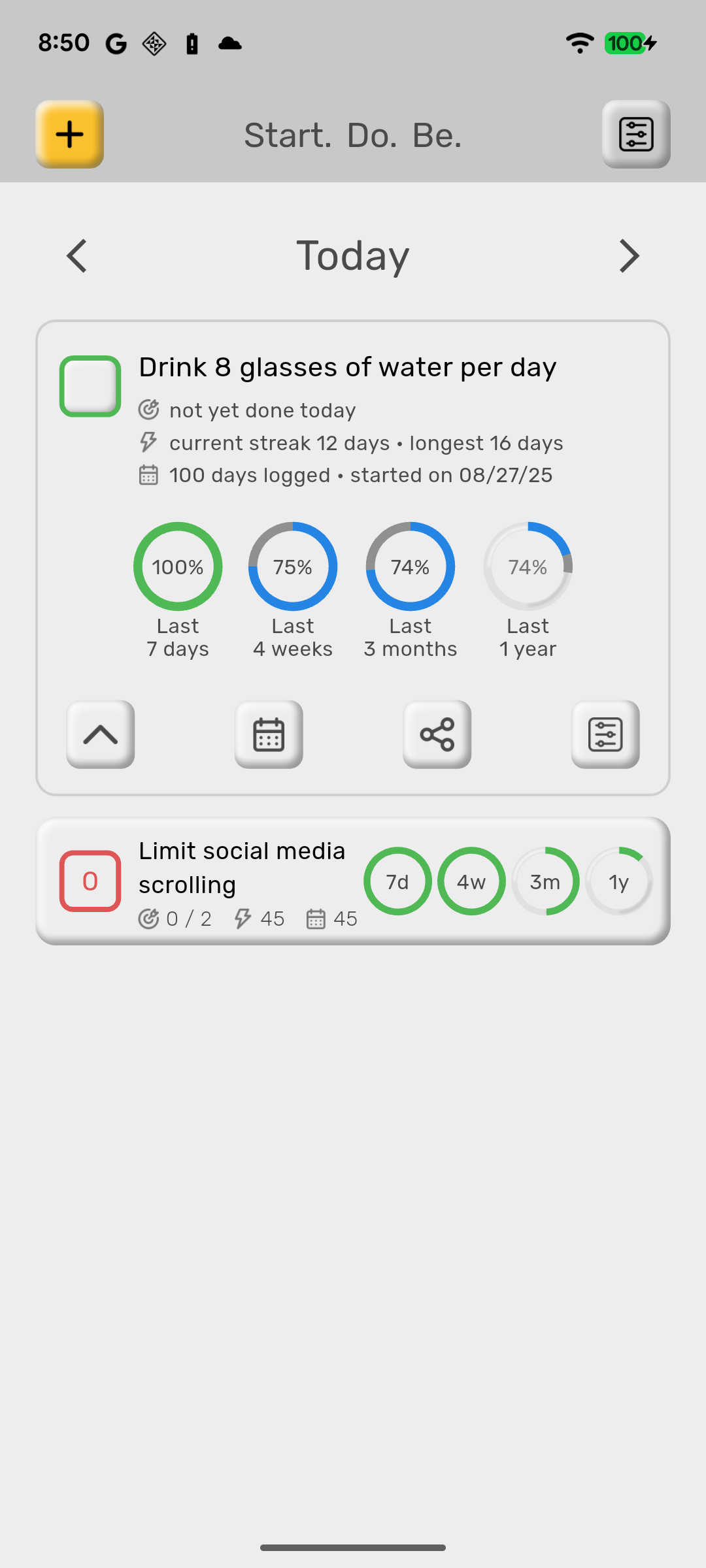 The Today page with one habit card expanded: completion rings for the last 7 days, 4 weeks, 3 months and 1 year, with current and longest streak on one line.