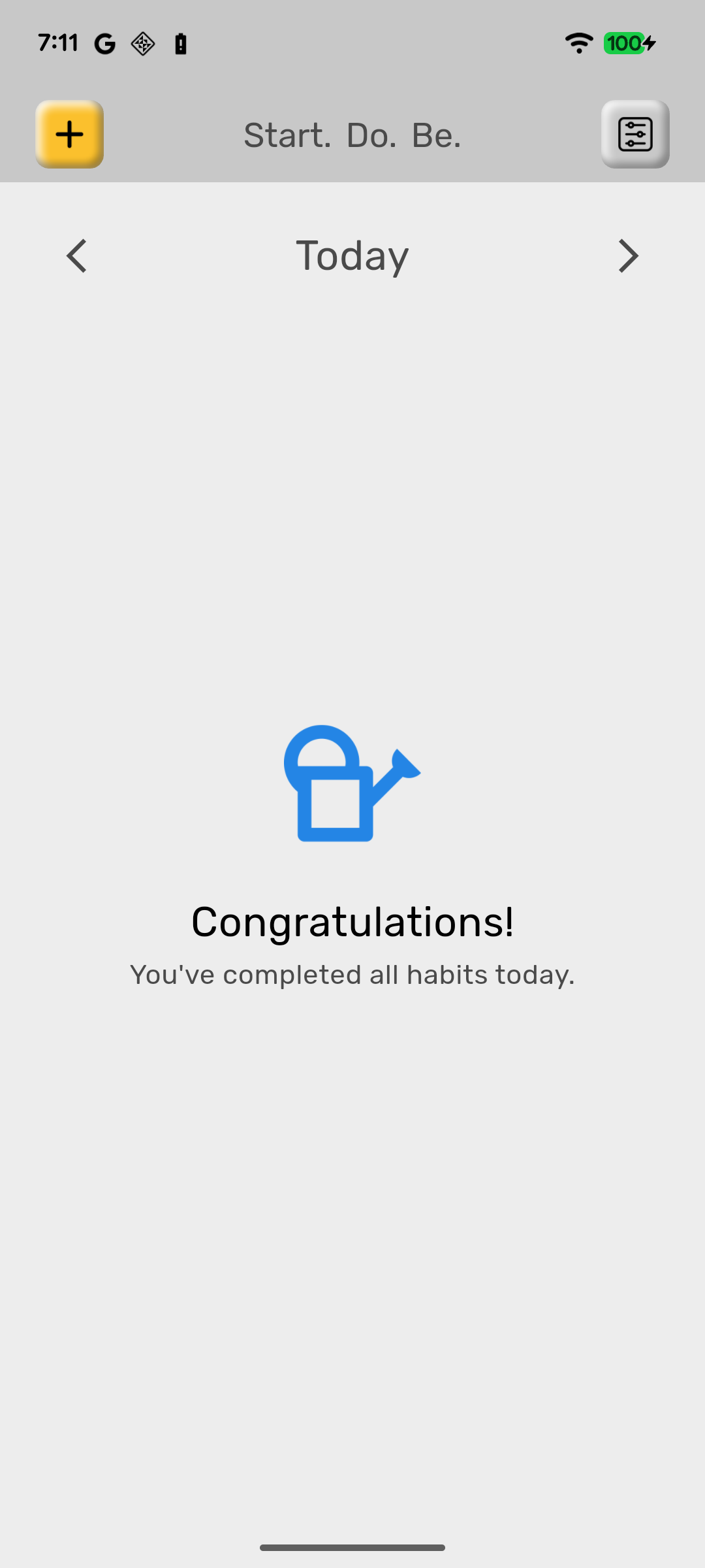 The Today page with everything done: congratulations, you've completed all habits today.